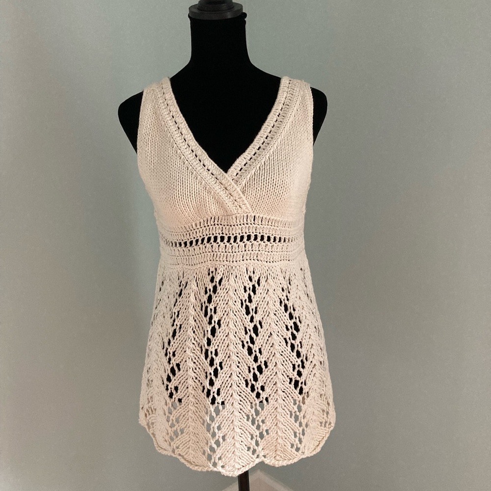 Rico Foundation Crocheted Boho Vintage V-Neck Sweater Top Beige Small Y2K